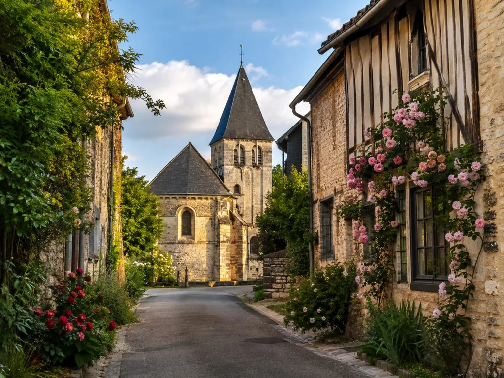 Rue du village de Giverny et église Sainte-Radegonde